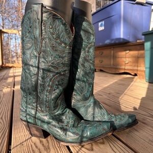 Dan Post Women’s Turquoise Sidewinder Leather Snip Toe Cowboy Boots Size 7.5